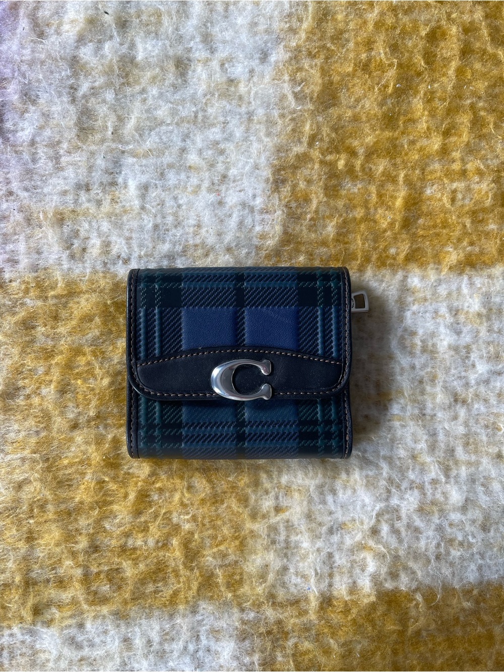 Coach Tri Fold Snap Wallet in Blue Plaid Leather